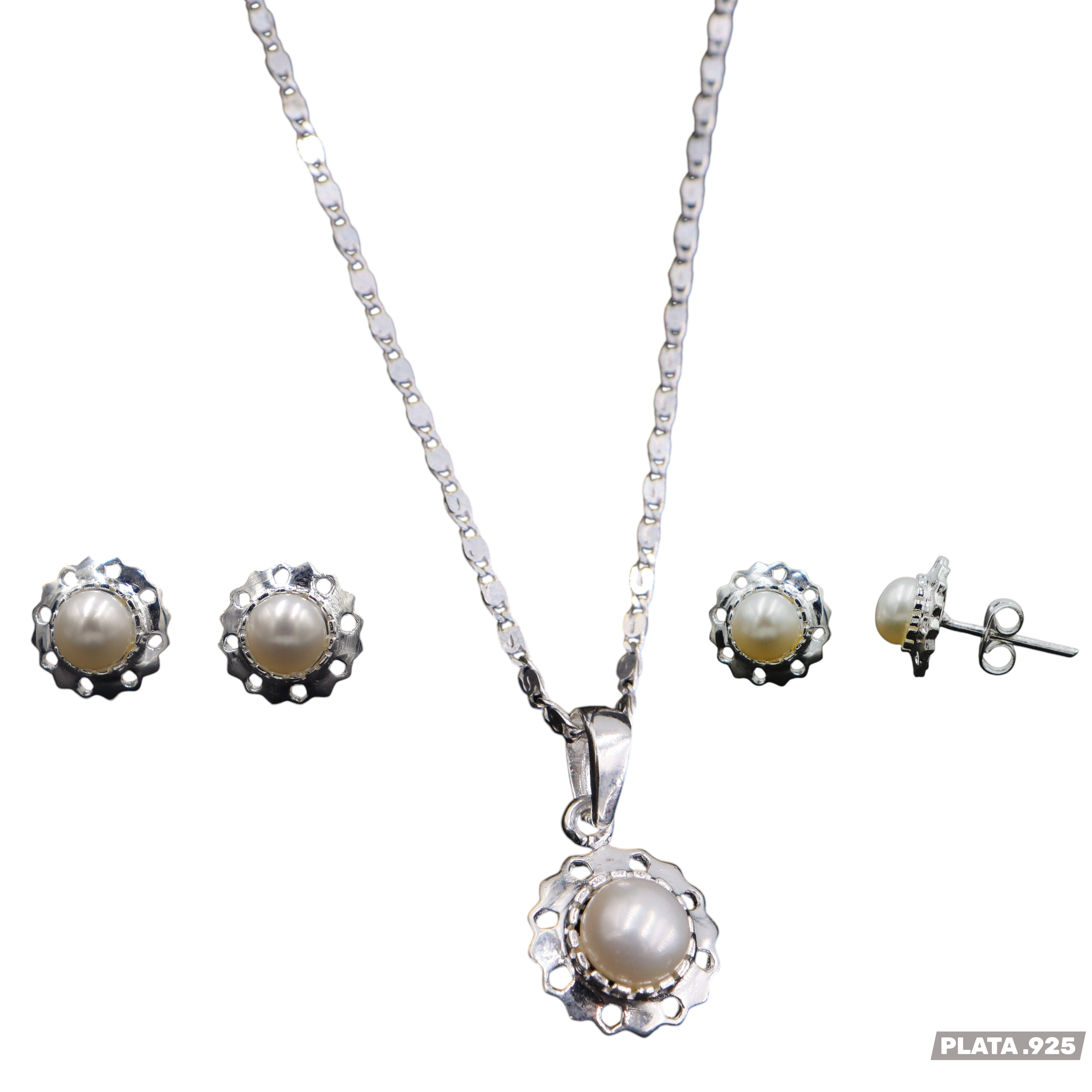 Aretes + Cadena + Dije Perla de Plata .925