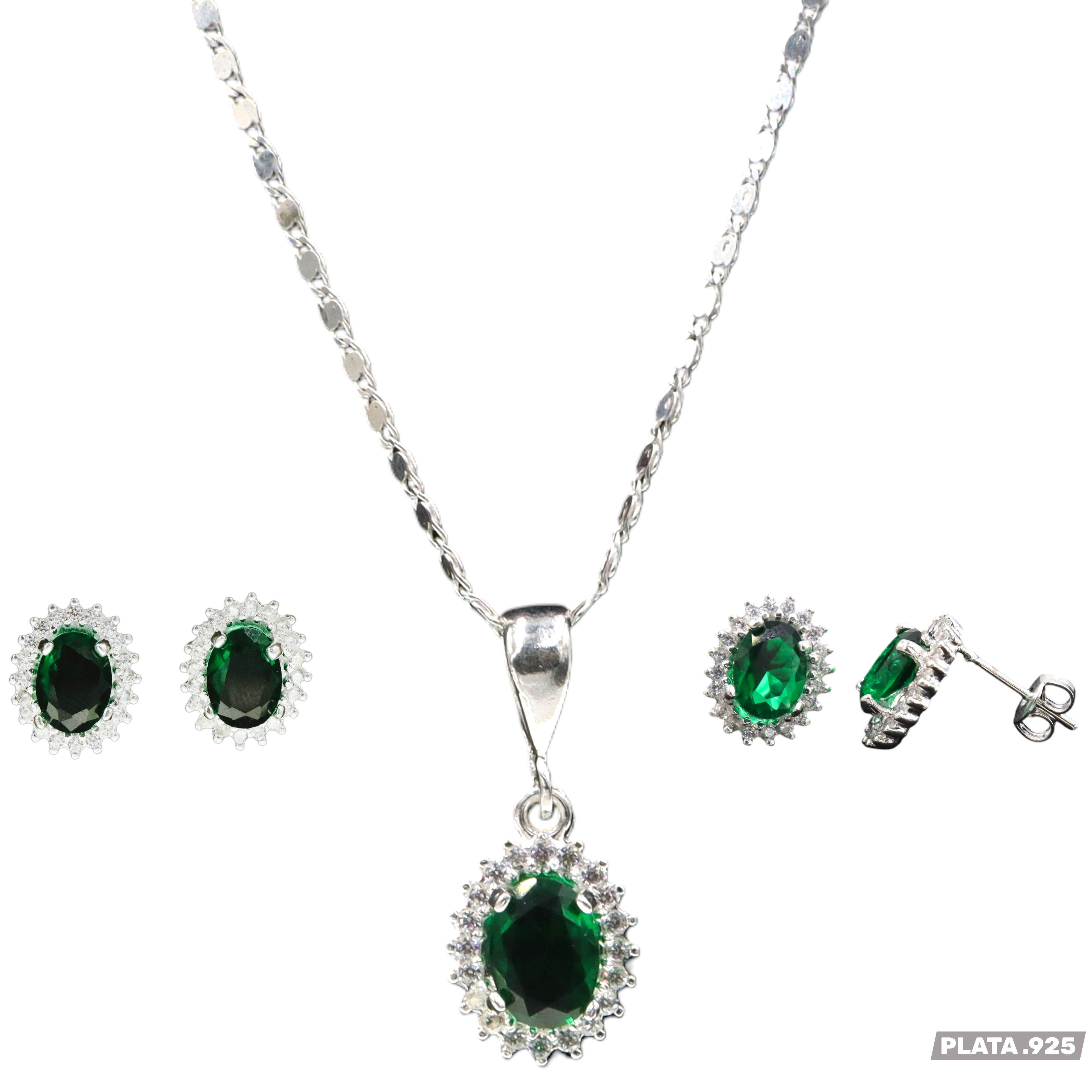 Aretes + Cadena + Dije Ovalo Verde de Plata .925