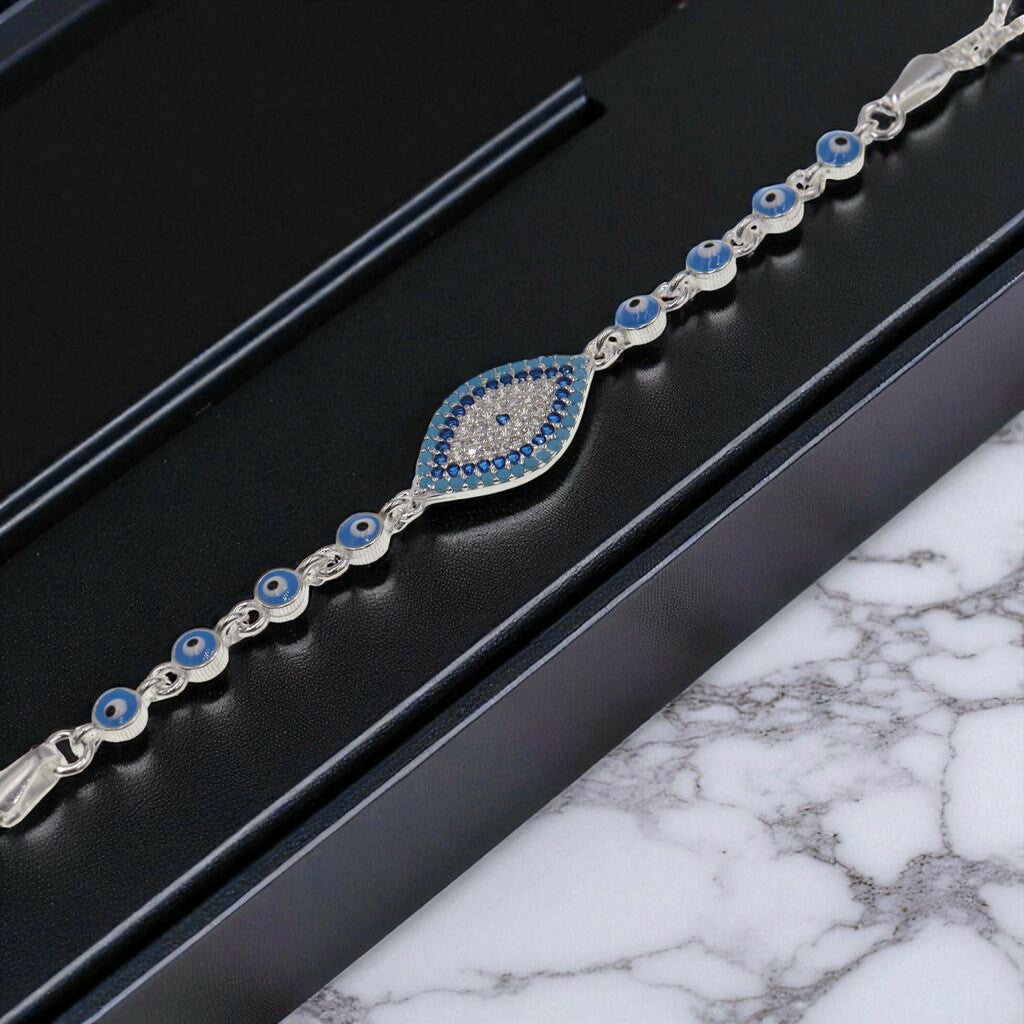 Pulso Ojo Turco Azul Cielo De Plata .925 21.5 cm