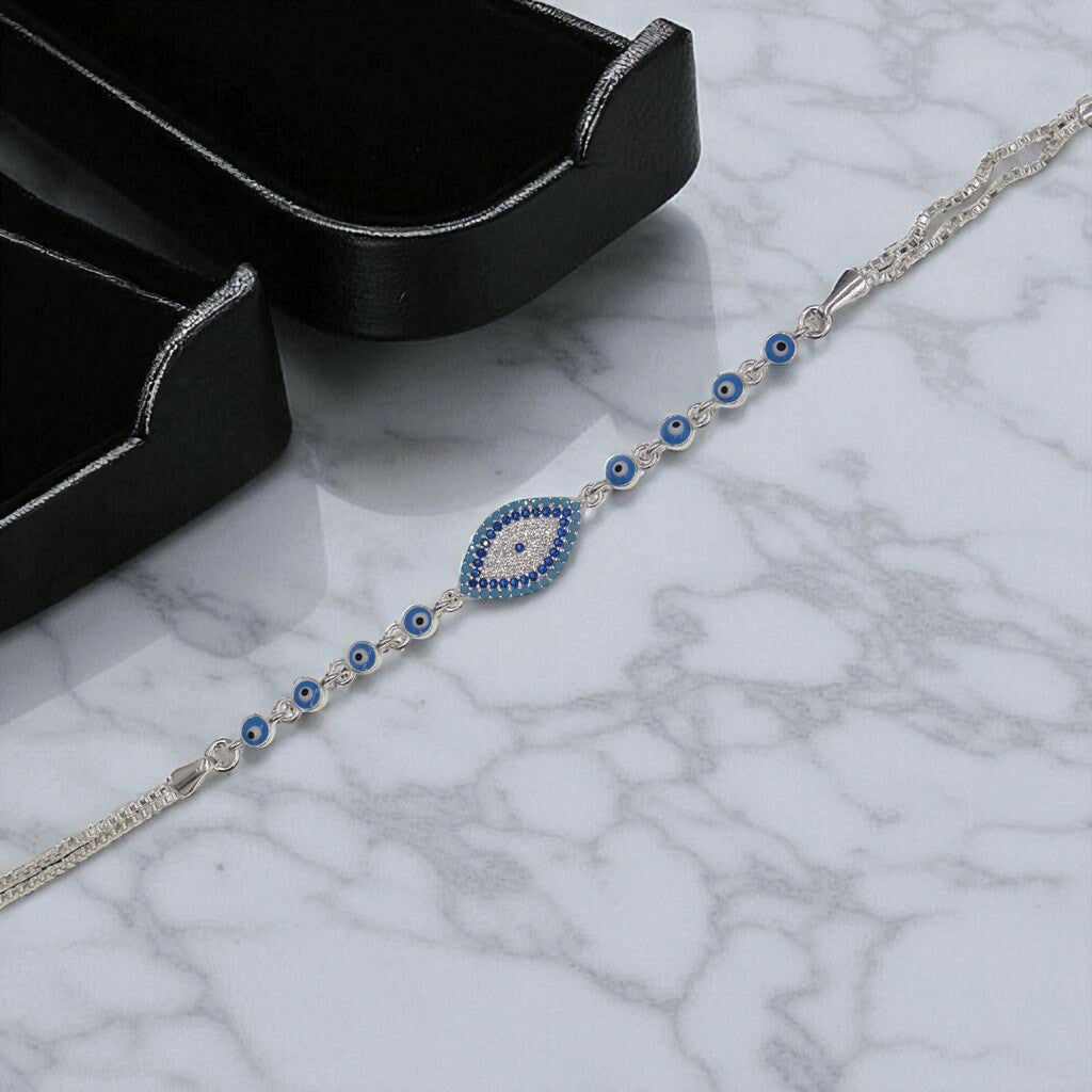 Pulso Ojo Turco Azul Cielo De Plata .925 21.5 cm