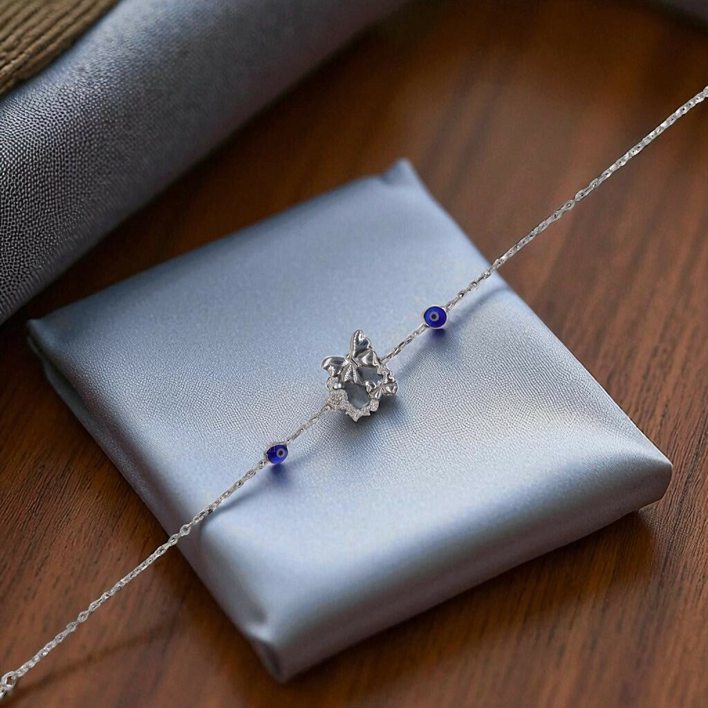 Pulso Ojo Turco Con 2 Mariposas De Plata .925 20 cm