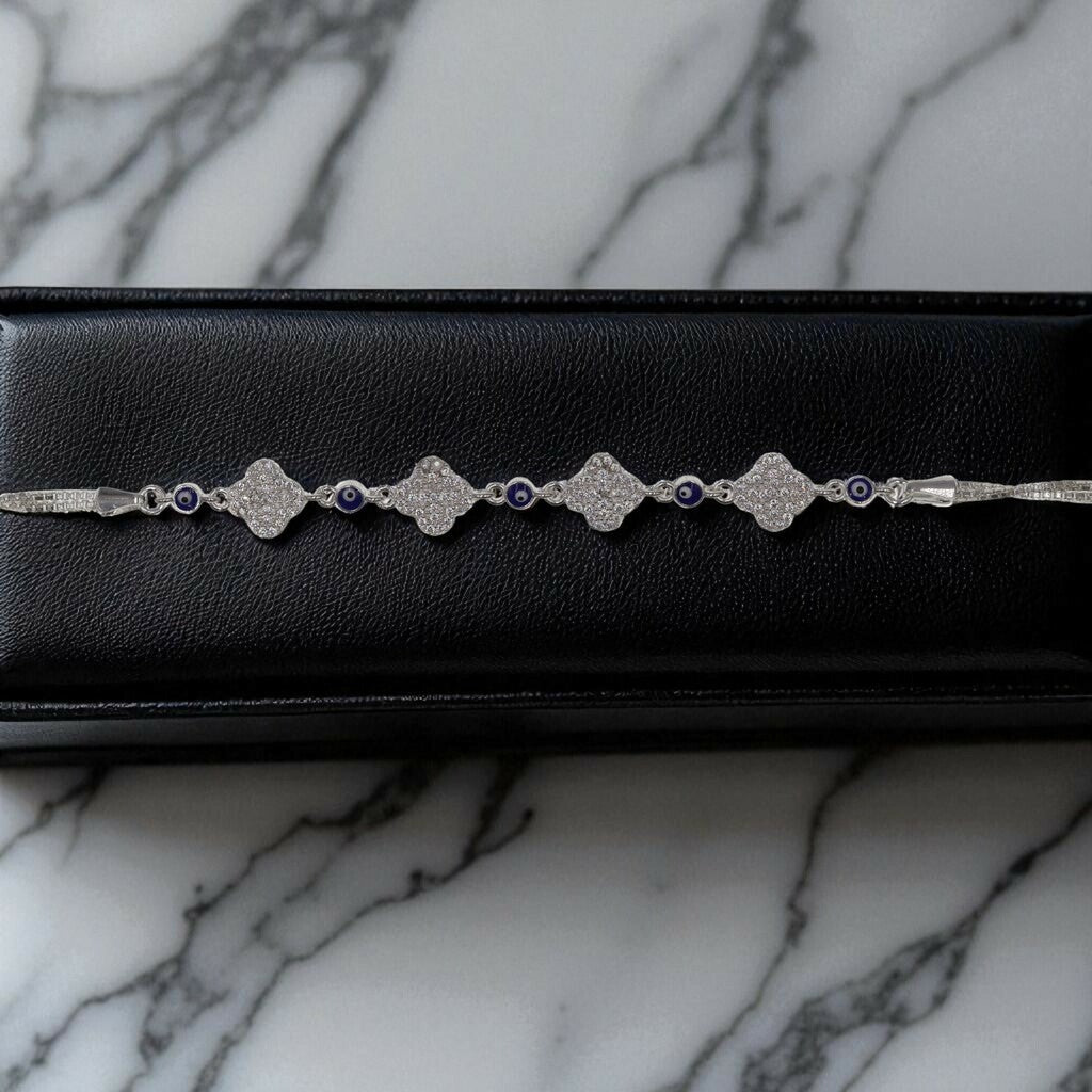 Pulso Ojo Turco Con Trebol De Plata .925 21.5 cm