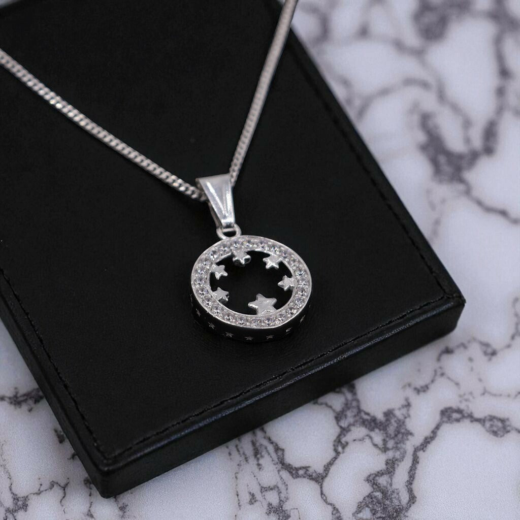 Dije Circulo Estrellas + Cadena En Plata .925