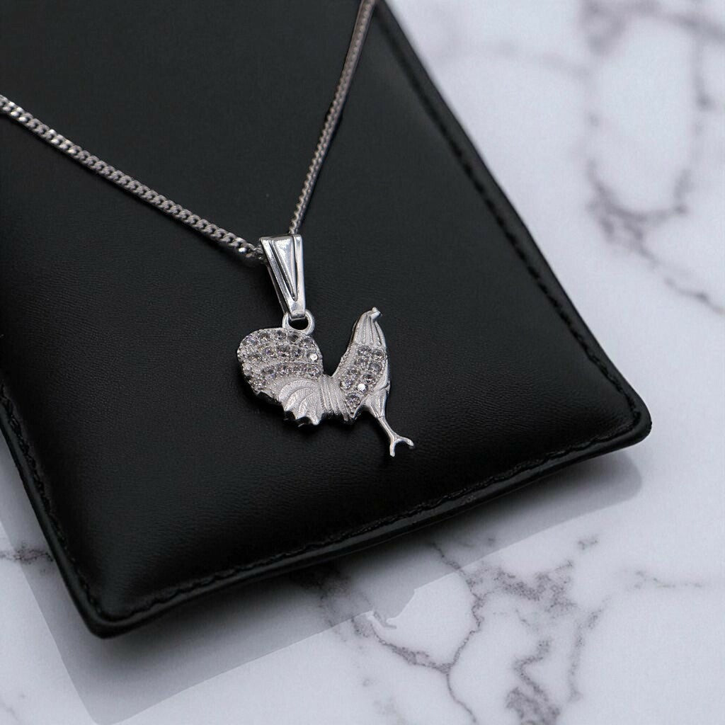 Dije De Gallo Blanco y Multicolor + Cadena En Plata .925