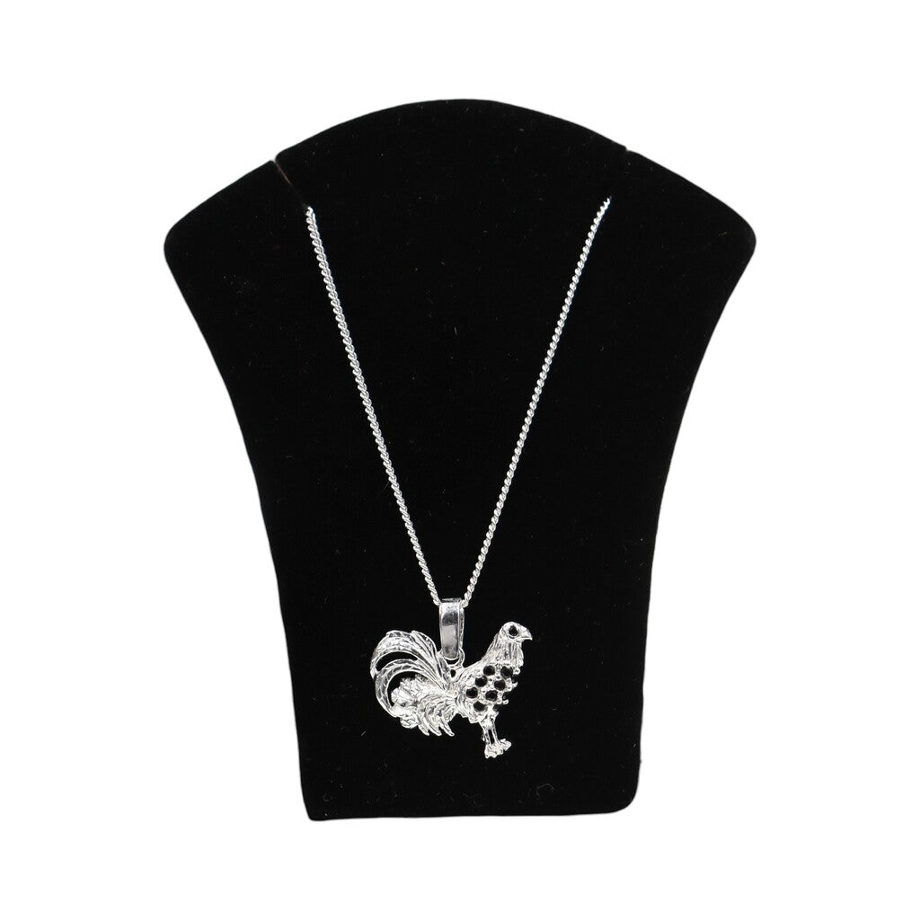Dije De Gallo Con Circonia Negra + Cadena En Plata .925